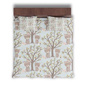 Couple Bear In Forest Boho Woodland Animal Paper Pattern 3 Pieces Bedding Set - Seseable