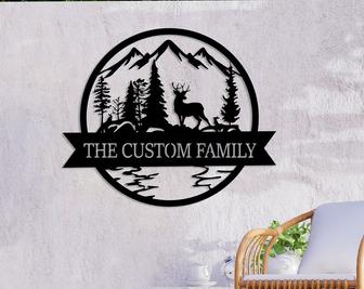 Custom Deer Metal Cabin Sign, Personalized Deer and Mountain Wall Sign, Outdoor Decor - Thegiftio UK