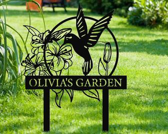 Custom Hummingbird Metal Garden Decor, Bird with Stakes Garden Sign, Flower Design Personalized Garden Sign - Thegiftio