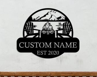 Custom Metal Campfire Sign, Lake Scene Campsite Monogram Decor, Lake House Sign, Personalized Camp Name Sign - Thegiftio UK