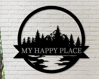 Custom Metal Wall Decor, My Happy Place Wall Art, Nature Lovers Gift, Cabin Sign, Mountain and Trees Decor - Thegiftio UK