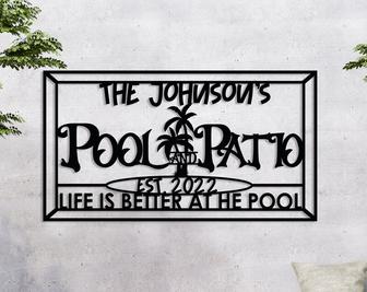 Custom Palm Tree Pool Sign Metal Wall Art, Personalized Pool & Patio Metal Sign, Outdoor Large Decor - Thegiftio