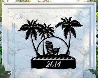 Custom Tropical Palm Trees Metal Wall Sign, Patio or Pool Sign, Personalized Est Date Sign - Thegiftio UK
