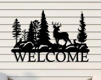 Deer Metal Welcome Sign, Large Nature Decor, Tree with Deer Entrance door Sign, Unique Home Decor - Thegiftio UK