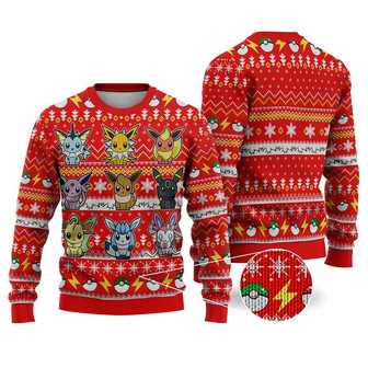 Eevee Ugly Sweater, Eevee Pocket Monster Ugly Christmas Sweatshirt, Evolution of Eevee Anime Christmas Sweater - Thegiftio UK