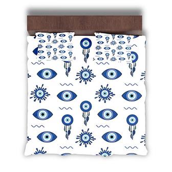 Evil Eyes Pattern And Dream Catchers Boho 3 Pieces Bedding Set - Seseable