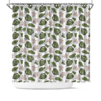 Green Leaf Beige Splatter Boho Abstract Color Pieces And Line Shower Curtain - Seseable