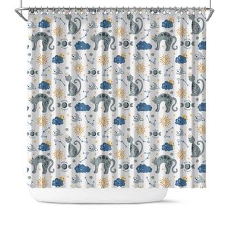 Grey Cat And Sun Pattern Cutest Celestial Boho Style Shower Curtain - Seseable