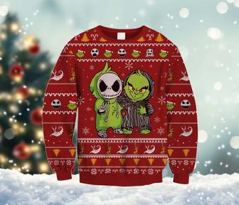 Jack and Griinch Ugly Xmas Sweater, Griinch Cartoon Sweatshirt, Cartoon Characters Woolen Sweater | Favorety UK