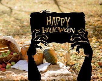 Metal Happy Halloween Garden Sign, Zombie Hands Decor, Cemetery Halloween Garden Stakes - Thegiftio