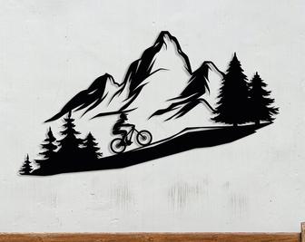 Mountain Tree and Cyclist Wall Art, Metal Bikers Wall Art, Home Decor and Gifts, Mountain Bikers Deco - Thegiftio UK
