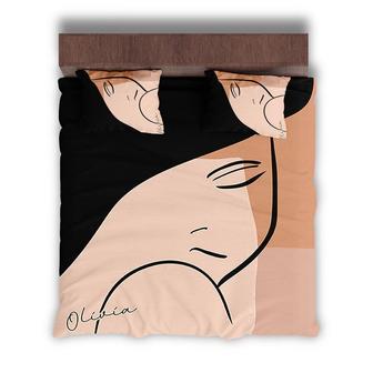 Custom Elegant Face Line Art Bedding Set, Custom Name, Boho Abstract Home Living, Personalized 3 Pieces Bedding Set - Seseable