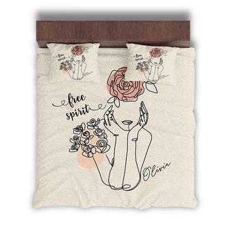 Custom Free Sprit Girl Bedding Set, Custom Name, Minimalist Boho Flowers, Personalized 3 Pieces Bedding Set - Seseable