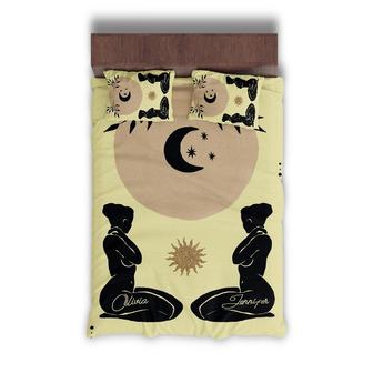 Custom Sun Moon Female Body Bedding Set, Custom Name, Boho Abstract Style, Personalized 3 Pieces Bedding Set - Seseable