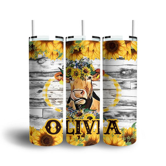 Custom Heifer Sunflower Crown Skinny Tumbler, Custom Name, Cute Gift For Heifer Lovers, Personalized Animal Skinny Tumbler - Seseable