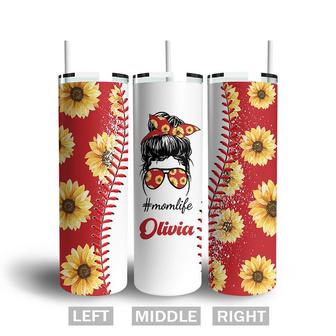 Custom Sunflower Messy Bun Mom Tumbler | Custom Name | Gifts Idea For Baseball Mom | Personalized Baseball Mom Skinny Tumbler | Seseable CA