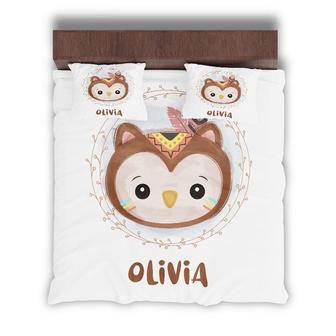 Custom Animal Avatar Owl Bedding Set, Custom Name, Boho Gift, Personalized Boho 3 Pieces Bedding Set - Seseable