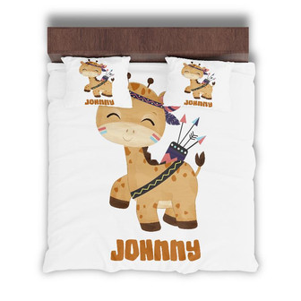 Custom Kids Giraffe Boho Bedding Set, Custom Name, Cute Animal, Personalized Boho 3 Pieces Bedding Set - Seseable