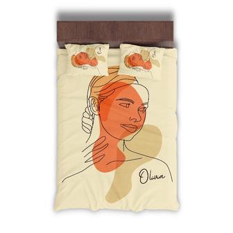 Custom Orange Woman Art Bedding Set, Custom Name, Abstract Boho, Personalized Boho 3 Pieces Bedding Set - Seseable