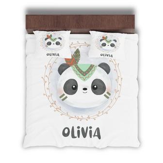 Custom Panda Watercolor Bedding Set, Custom Name, Cute Kids Gift, Personalized Boho 3 Pieces Bedding Set - Seseable