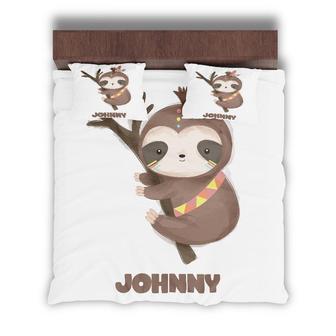 Custom Sloth Climbing Tree Bedding Set, Custom Name, Cute Animal Boho, Personalized Boho 3 Pieces Bedding Set - Seseable