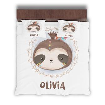 Custom Watercolor Sloth Boho Bedding Set, Custom Name, Boho Animal, Personalized Boho 3 Pieces Bedding Set - Seseable