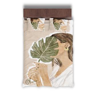Custom Woman Green Leaf Bedding Set, Custom Name, Watercolor, Boho Style, Personalized Boho 3 Pieces Bedding Set - Seseable