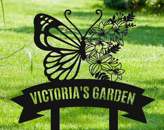 Personalized Butterfly Metal Garden Sign With Stakes, Metal Yard Decor, Custom Flower Bed Sign - Thegiftio