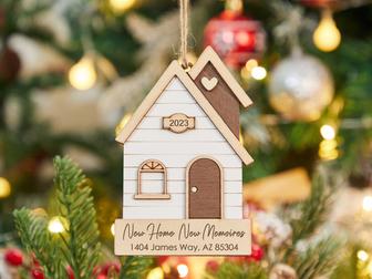 Personalized Wood House Ornament Family Name Christmas Wooden Ornament | Mazezy
