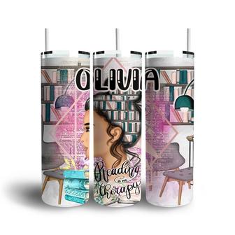 Custom Reading Is My Therapy Skinny Tumbler, Custom Name, Best Gift For Book Lovers, Personalized Hobby Skinny Tumbler - Seseable
