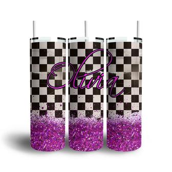 Custom Checkerboard Purple Glitter Skinny Tumbler, Custom Name, Cool Name Gift, Personalized Name Skinny Tumbler - Seseable