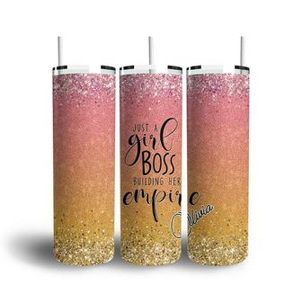 Custom Just A Girl Boss Building Her Empire Colorful Glistening Skinny Tumbler, Custom Name, Quote Gift For Girl, Personalized Name Skinny Tumbler | Seseable CA