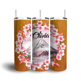 Custom Pink Sakura Fuji Mountain Tumbler, Custom Name, Best Name Gift, Personalized Name Skinny Tumbler | Seseable UK