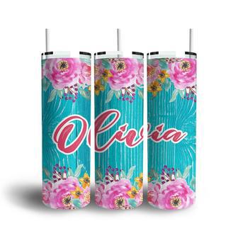 Custom Watercolor Flower Rustic Blue Wood Skinny Tumbler, Custom Name, Cute Name Gift, Personalized Name Skinny Tumbler - Seseable