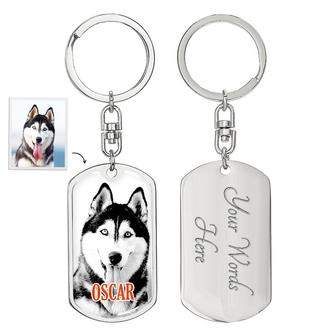 Custom Black And White Dog Photo With Back Engraving Keychain, Birthday Gifts For Dog Lovers, Personalized Photo Dog Tag Keychain - Seseable