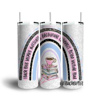 Custom Rainbow Teach Love Inspire Motivate Skinny Tumbler, Custom Name, Teacher Life Quotes, Personalized Teacher Skinny Tumbler - Seseable