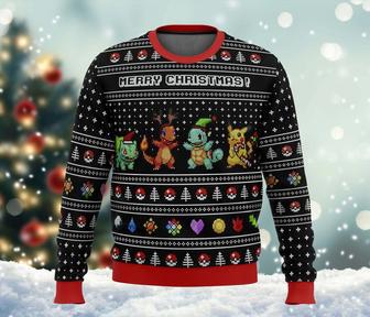 Po-ke-mon Kan-to Starters Ugly Christmas Sweater, Manga All Over Print Sweatshirt, Anime Cartoon Characters Ugly Sweater | Favorety UK