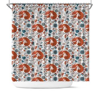 Sleepy Fox In The Forest Flowers Nordic White Color Pattern Boho Shower Curtain | Seseable CA