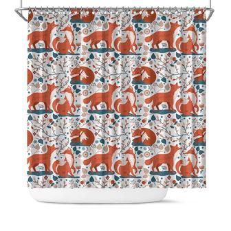 Three Foxes Orange Color Pattern Flowers Gift Boho Shower Curtain - Seseable
