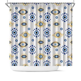 White Boho Evil Eyes Colorful Pattern Boho Shower Curtain | Seseable CA