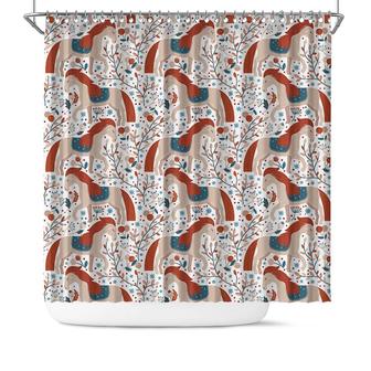 White Horses Pattern With Floral Nordic Boho Shower Curtain - Seseable