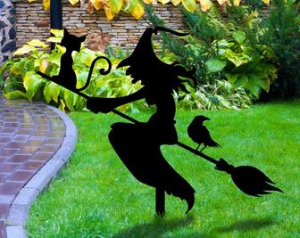 Witch with Broomstick Metal Garden Decor, Witch with Stakes Garden Sign, Halloween Sign - Thegiftio UK