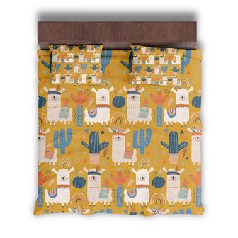 Yellow Boho Llama Cute Animal And Cactus Pattern Boho 3 Pieces Bedding Set - Seseable