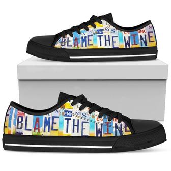 Blame The Wine Black Licence Plate Low Top Canvas Shoes - Monsterry