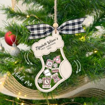 Personalized Stocking Baby First Christmas Shaker Acrylic Wooden Ornament | Mazezy