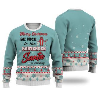 Bartender Christmas Ugly Sweater Merry Christmas Be Nice To The Bartender Santa Is Watching Blue | Favorety