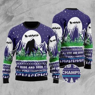 Bigfoot Ugly Christmas Sweater Bigfoot Hide And Seek World Champion Blue Sweater | Favorety