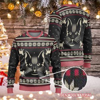 Cat Christmas Sweater Black Cat Witch Christmas Snowflakes Pattern Black Red Ugly Sweater | Favorety AU