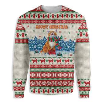 Cat Christmas Sweater Cat Meowy Christmas Cat And Snowflakes Pattern White Red Ugly Sweater | Favorety AU