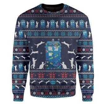 Cat Christmas Sweater Cat Tardis Christmas Pattern Blue Ugly Sweater | Favorety UK